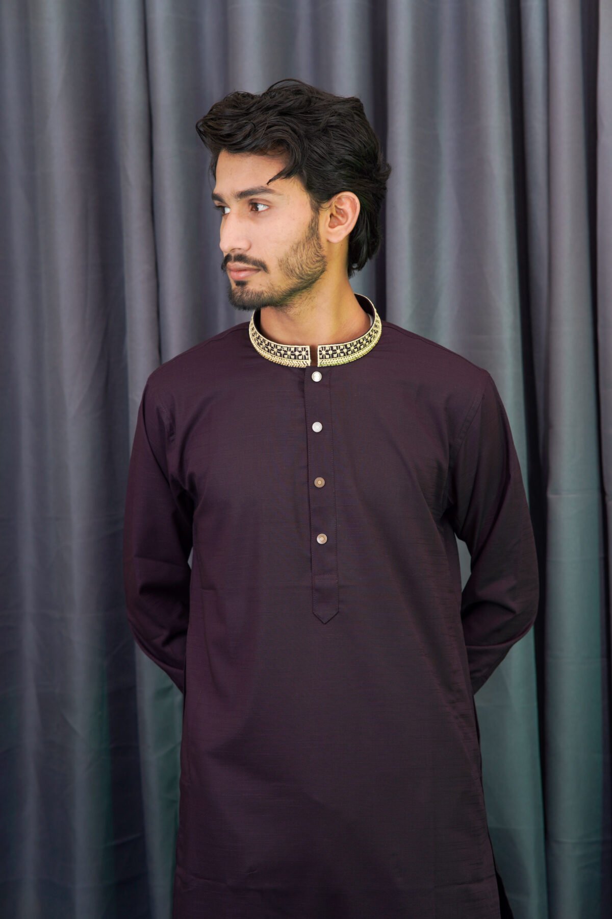 Premium Magnet Fabric Panjabi with Elegant Embroidery Deep Purple - Image 2