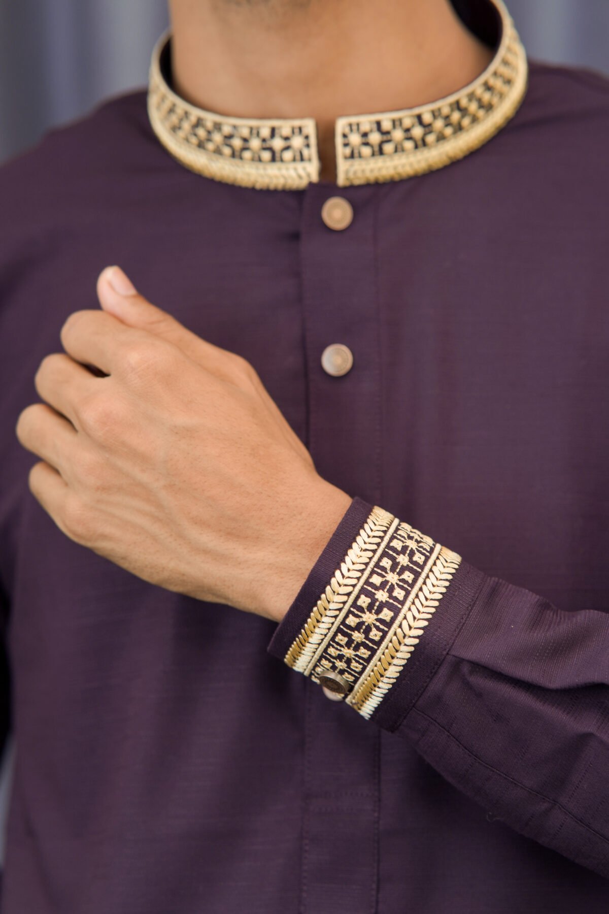 Premium Magnet Fabric Panjabi with Elegant Embroidery Deep Purple - Image 3