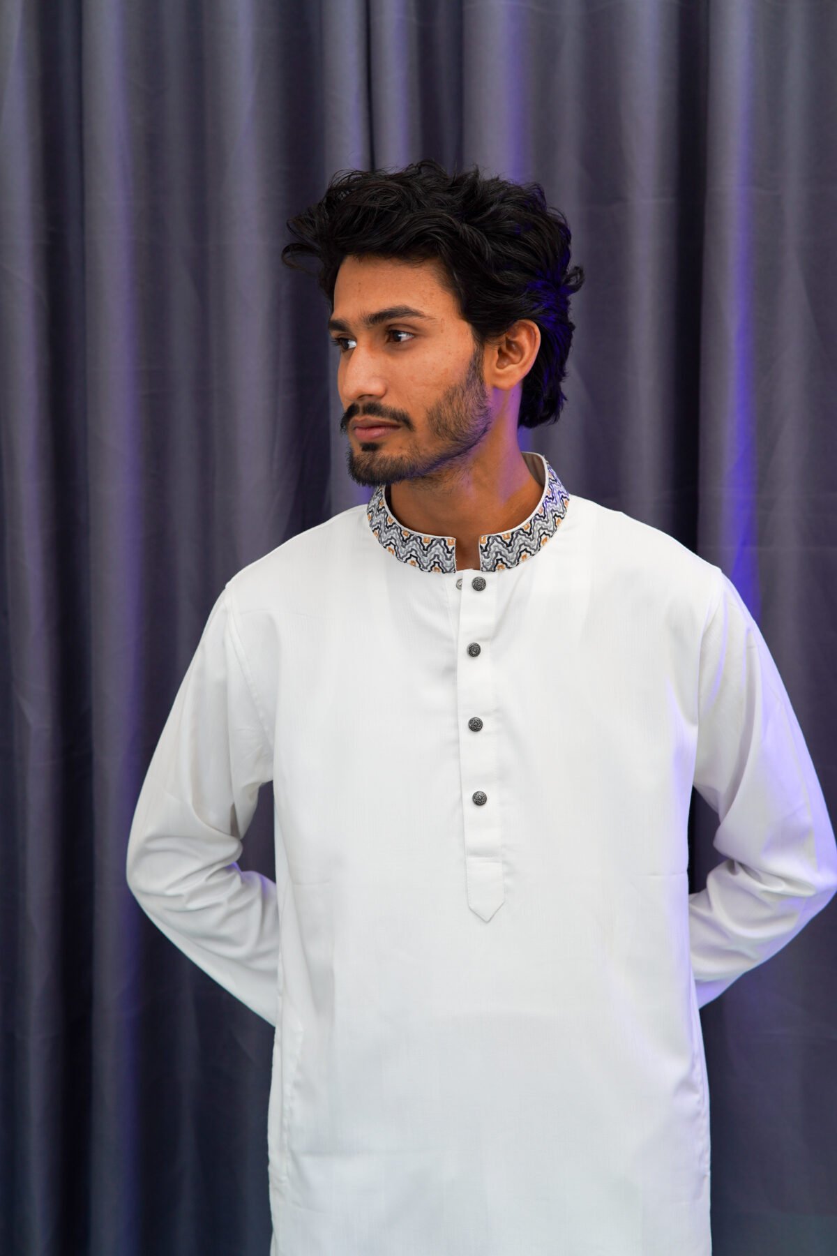 Premium Magnet Fabric Panjabi with Elegant Embroidery White - Image 2