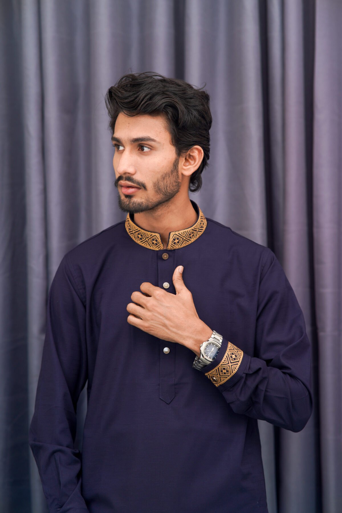 Premium Magnet Fabric Panjabi with Elegant Embroidery Navy Blue - Image 1