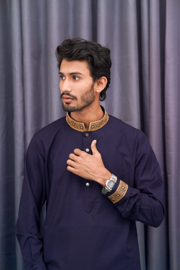 Premium Magnet Fabric Panjabi with Elegant Embroidery Navy Blue