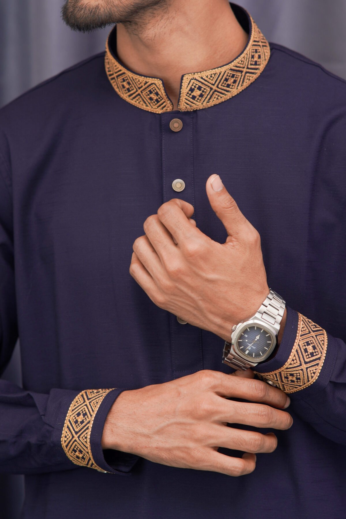 Premium Magnet Fabric Panjabi with Elegant Embroidery Navy Blue - Image 3