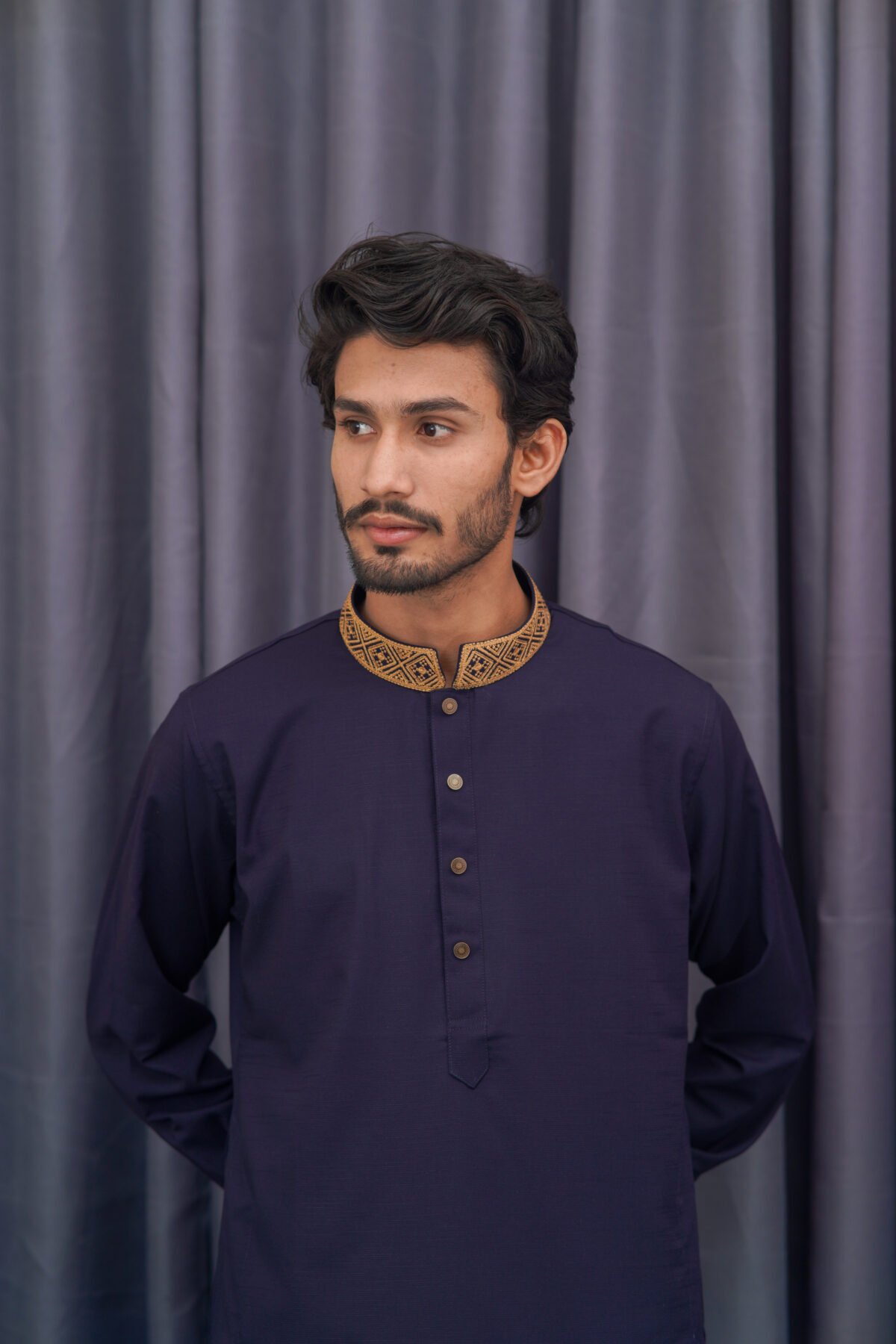 Premium Magnet Fabric Panjabi with Elegant Embroidery Navy Blue - Image 2